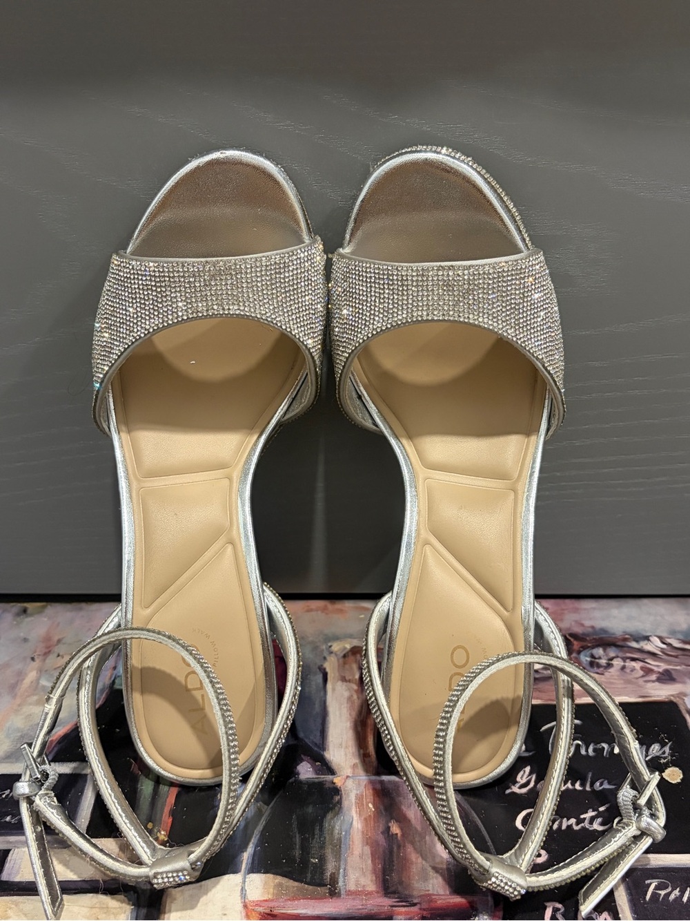 Aldo Silver Rhinestone Open-Toe Ankle-Strap Heels
